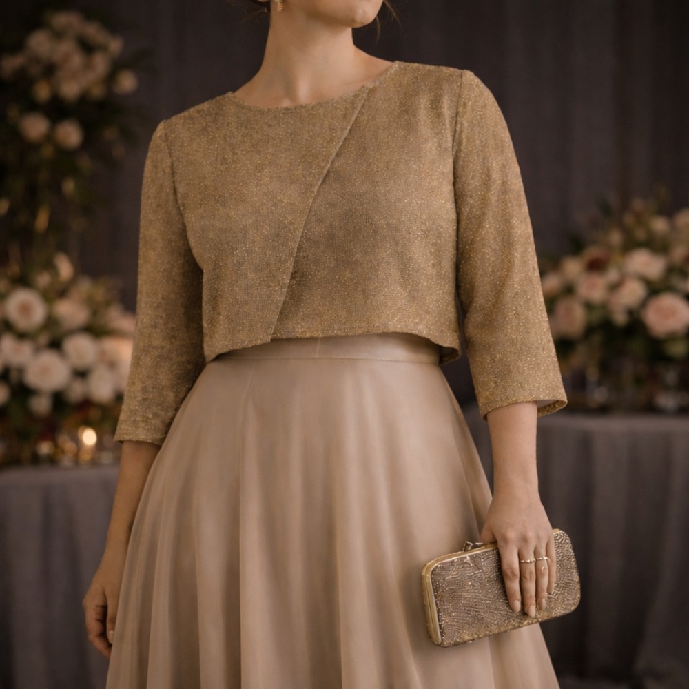 Gold Sheer Cropped Cutout Long Sleeve Elegant Wedding Top size 46 size 12